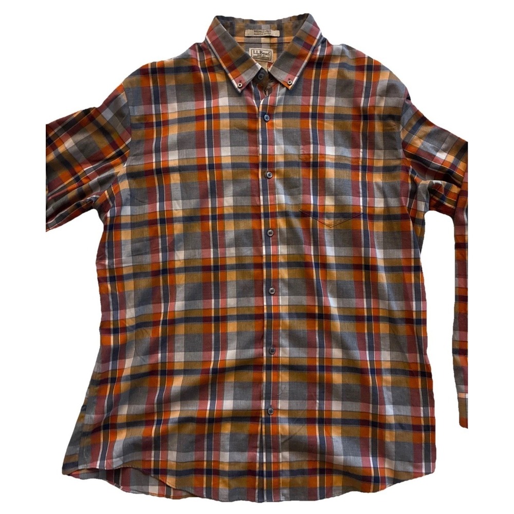 LL Bean Shirt Mens XL Multicolor Plaid Flannel Button Front Slightly Fitted